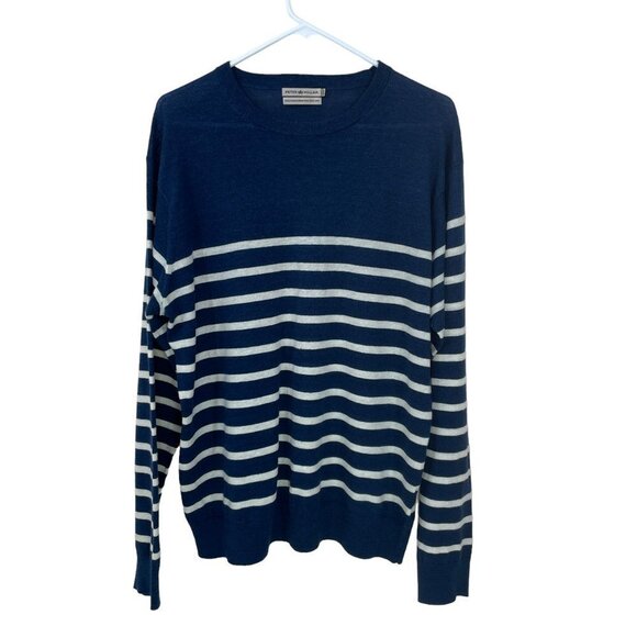 Peter Millar Mens Large Merino Wool/ Linen Blend Pullover Sweater ‎ Blue Striped - Picture 1 of 5